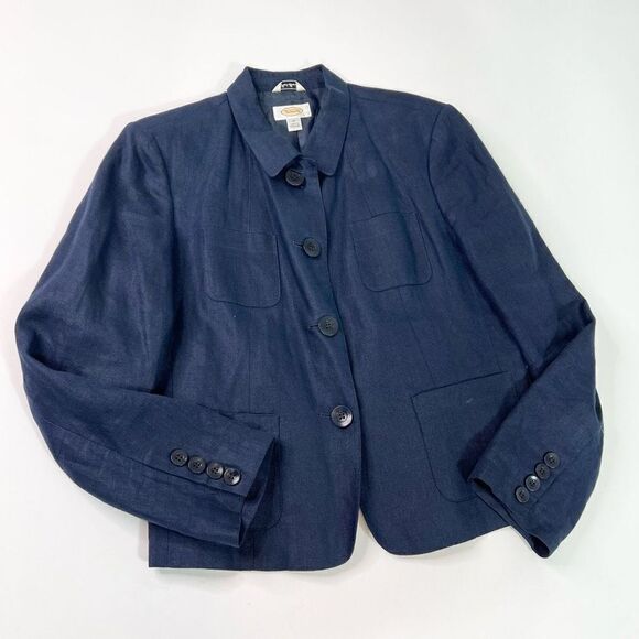 Talbots Irish Linen Blazer Jacket Womens 12 Navy Blue Buttoned Cuffs Lined - Picture 1 of 9